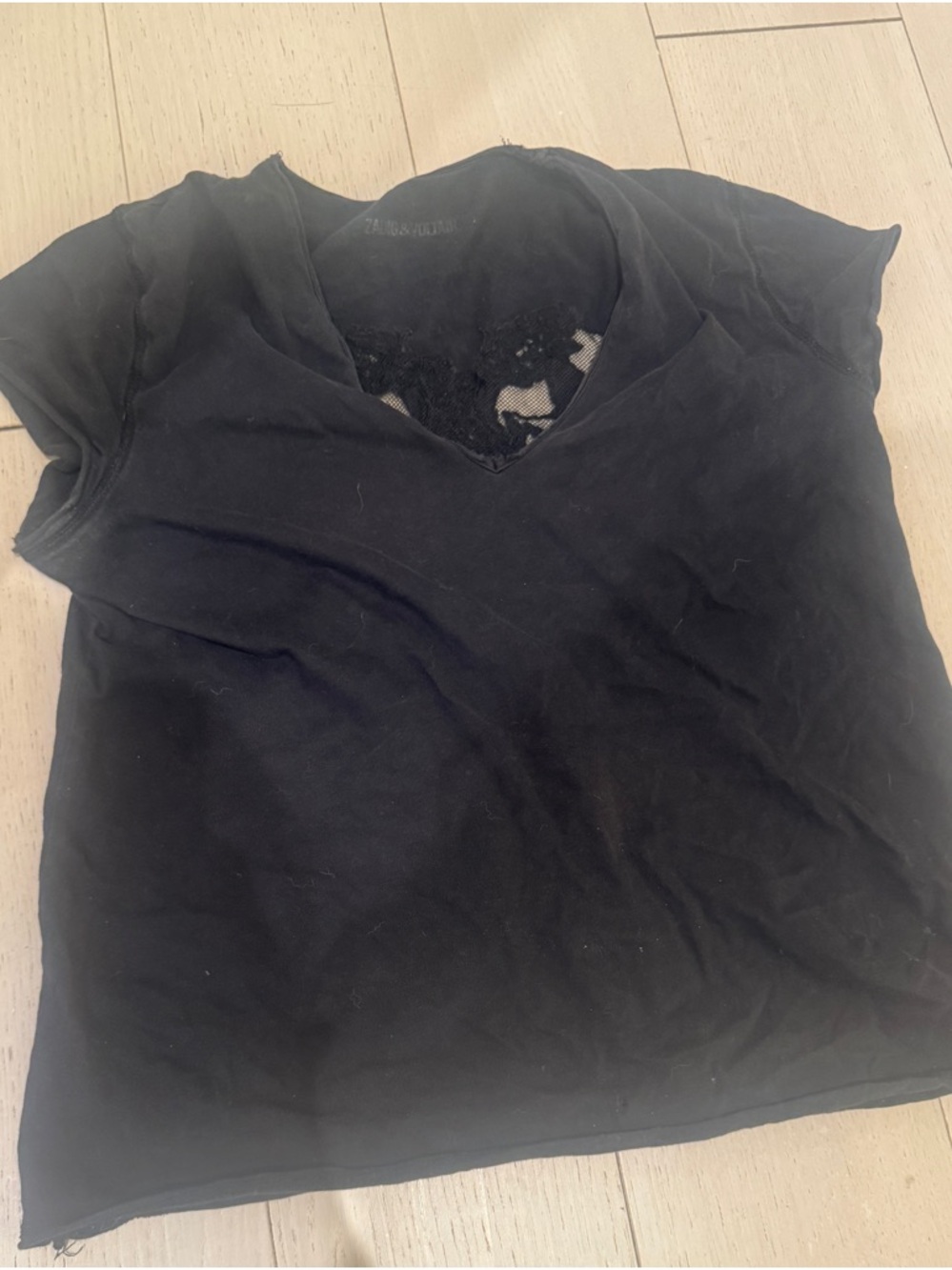 Zadig & Voltaire Black Short Sleeve V-Neck Tee with Lace Inset